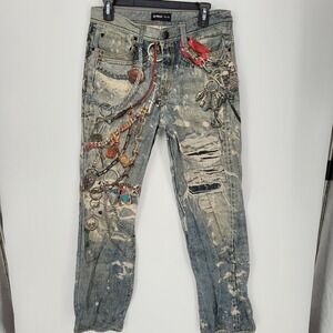 Preme Mens Blue Distressed Graphic Denim Jeans 30x31 Chains Skulls Balaclava